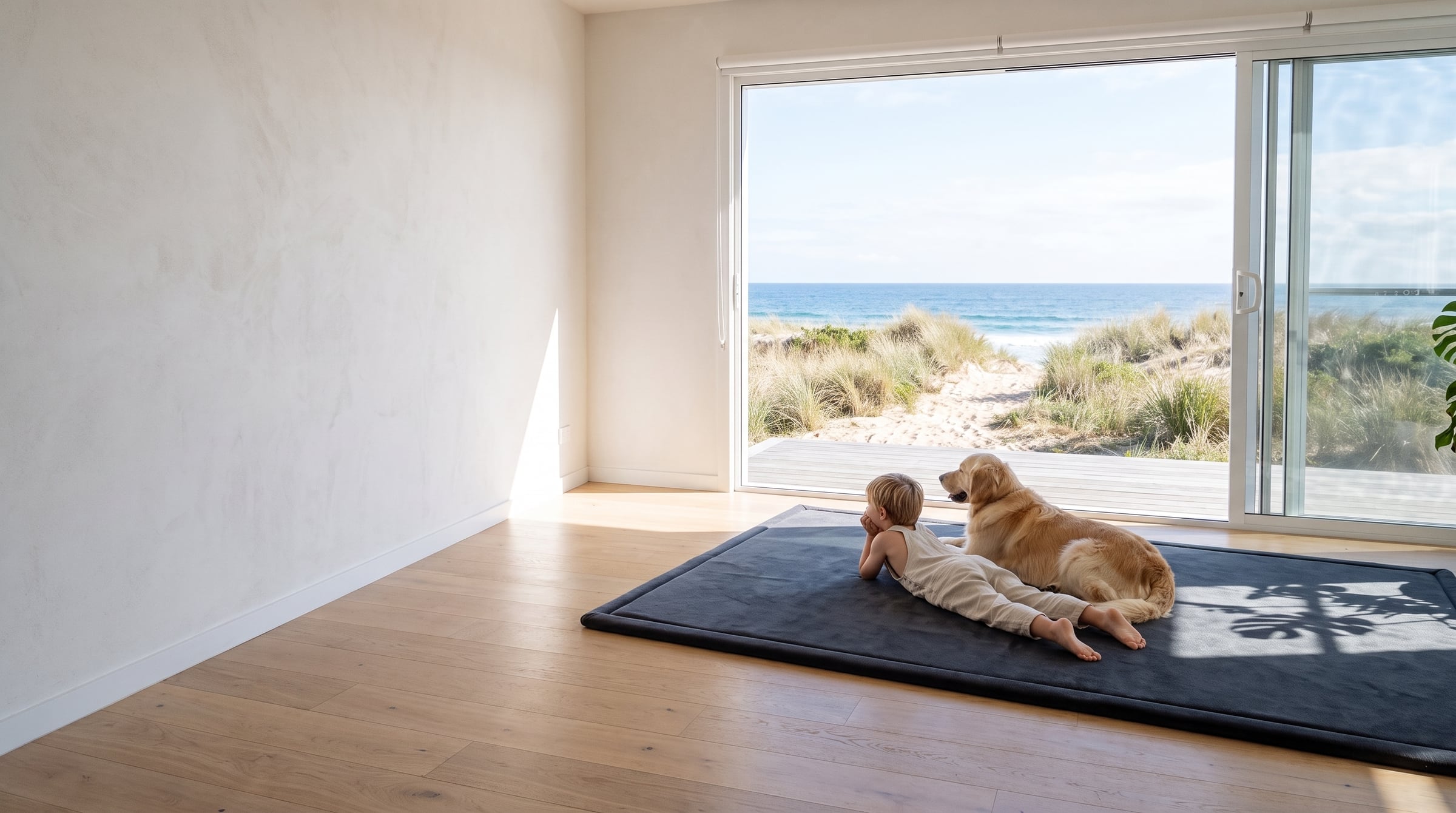 A child and a golden retriever lying on a Marshie Mat in a beach house living room
