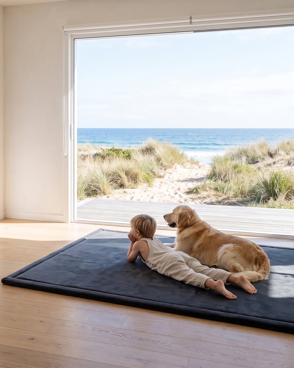 A child and a golden retriever lying on a Marshie Mat in a beach house living room